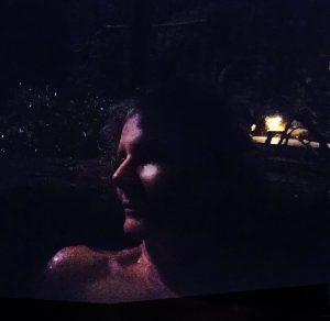 A women's face in near darkness, illuminated by moonlight.